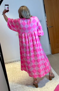 Checked Cheesecloth Long Smock Dress | Bright Pink/Light Pink