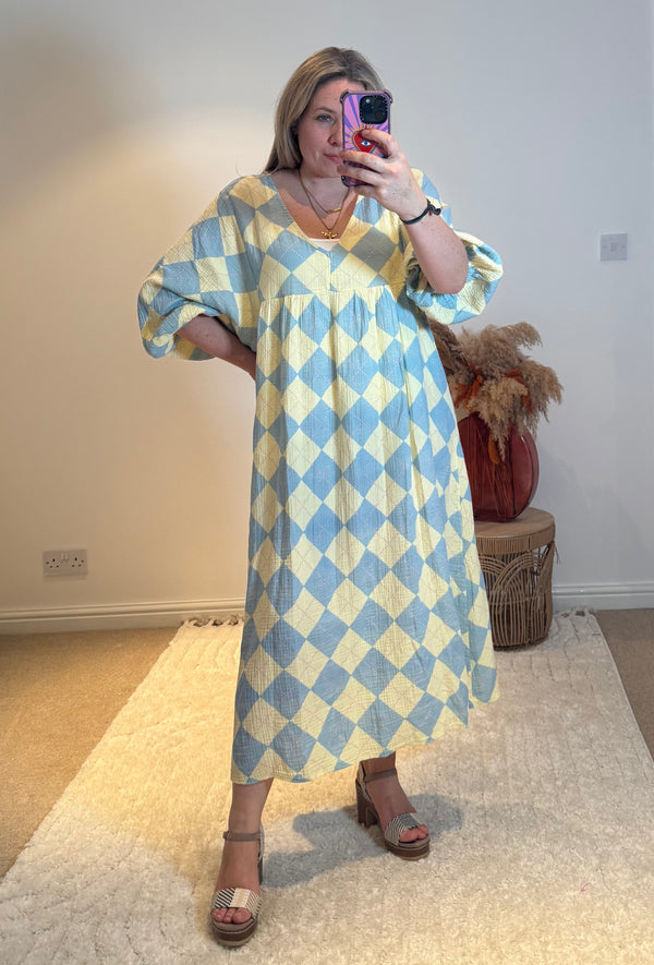 Checked Cheesecloth Long Smock Dress | Lemon/Pale Blue