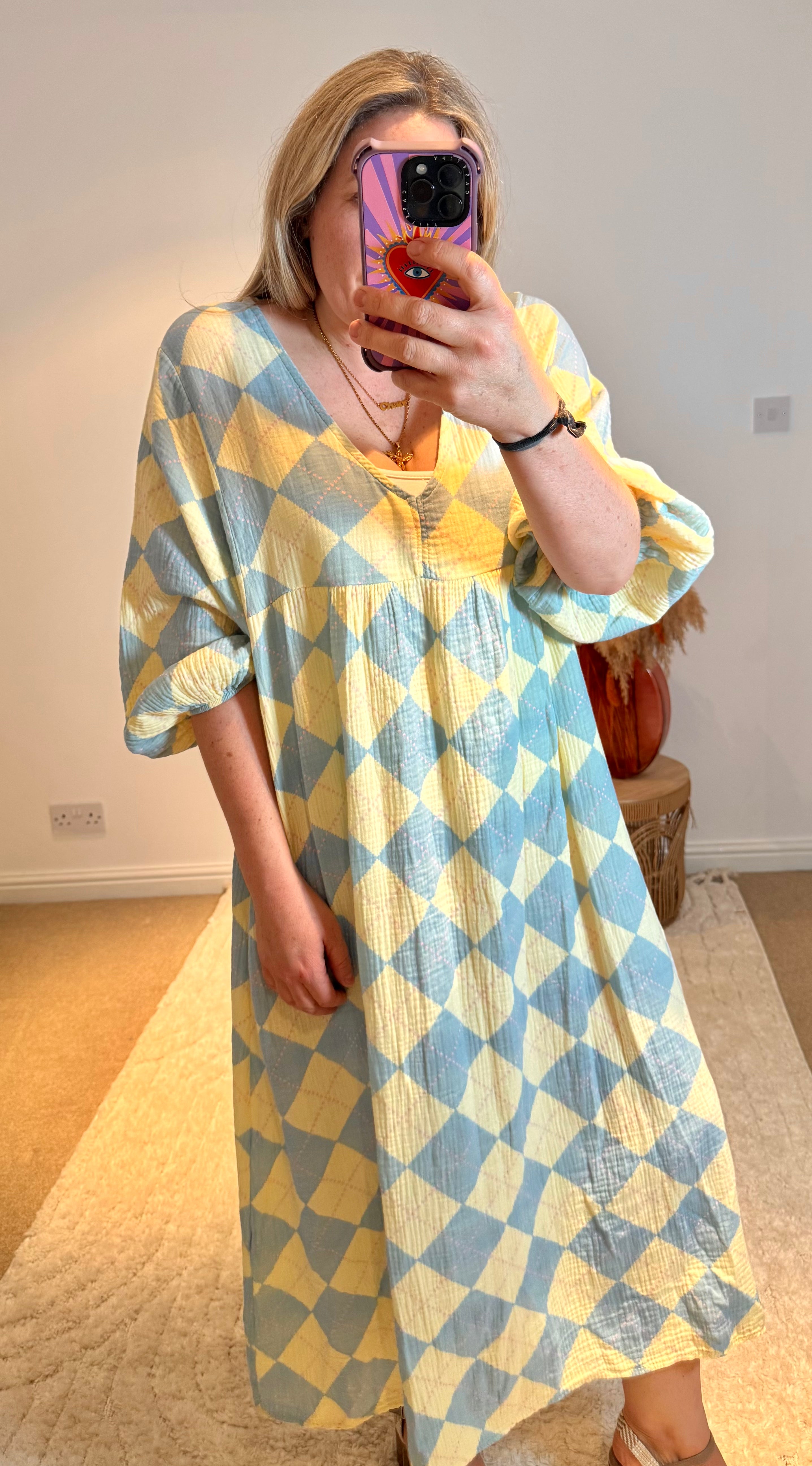 Checked Cheesecloth Long Smock Dress | Lemon/Pale Blue