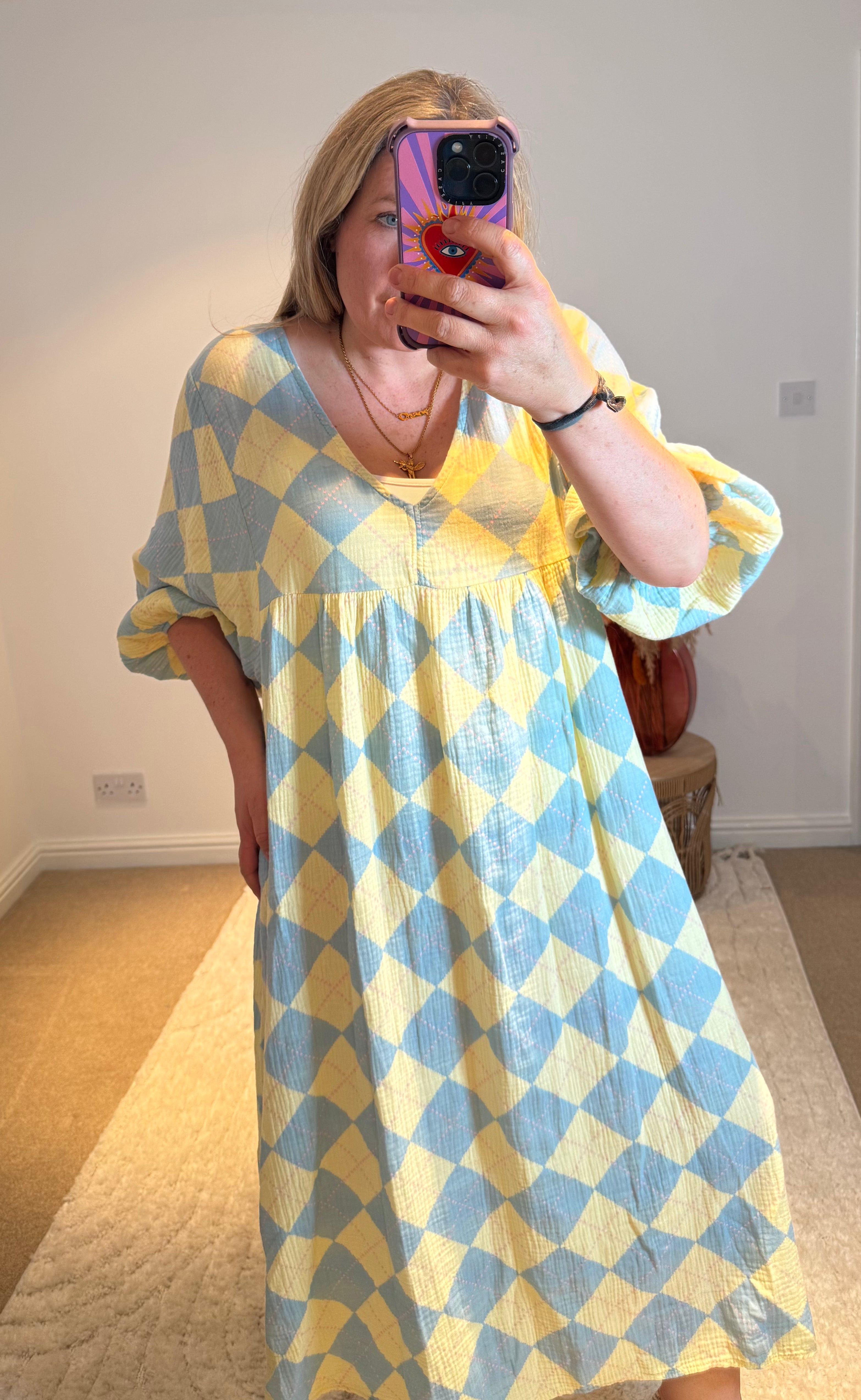 Checked Cheesecloth Long Smock Dress | Lemon/Pale Blue