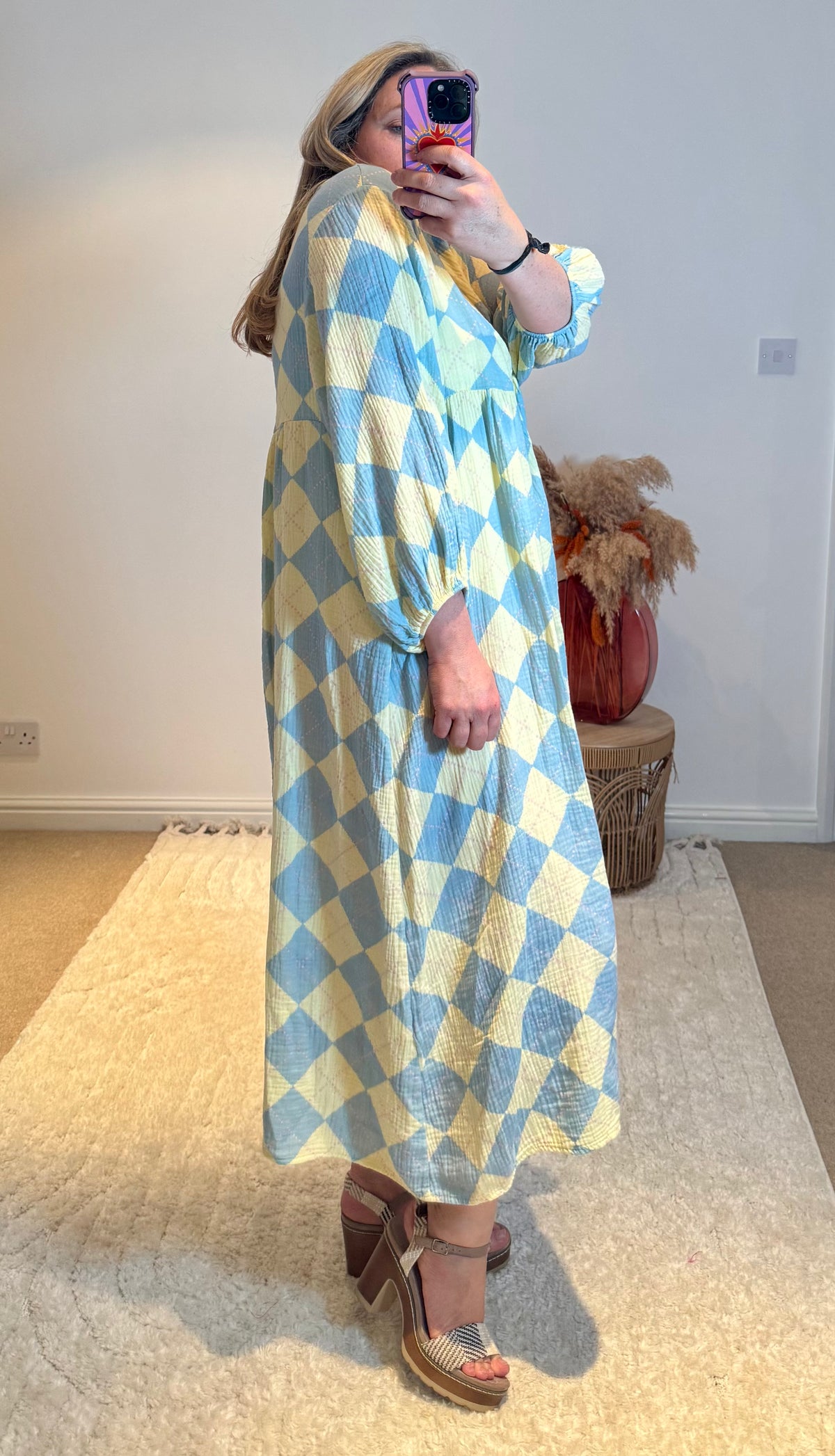 Checked Cheesecloth Long Smock Dress | Lemon/Pale Blue