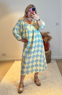 Checked Cheesecloth Long Smock Dress | Lemon/Pale Blue