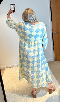 Checked Cheesecloth Long Smock Dress | Lemon/Pale Blue