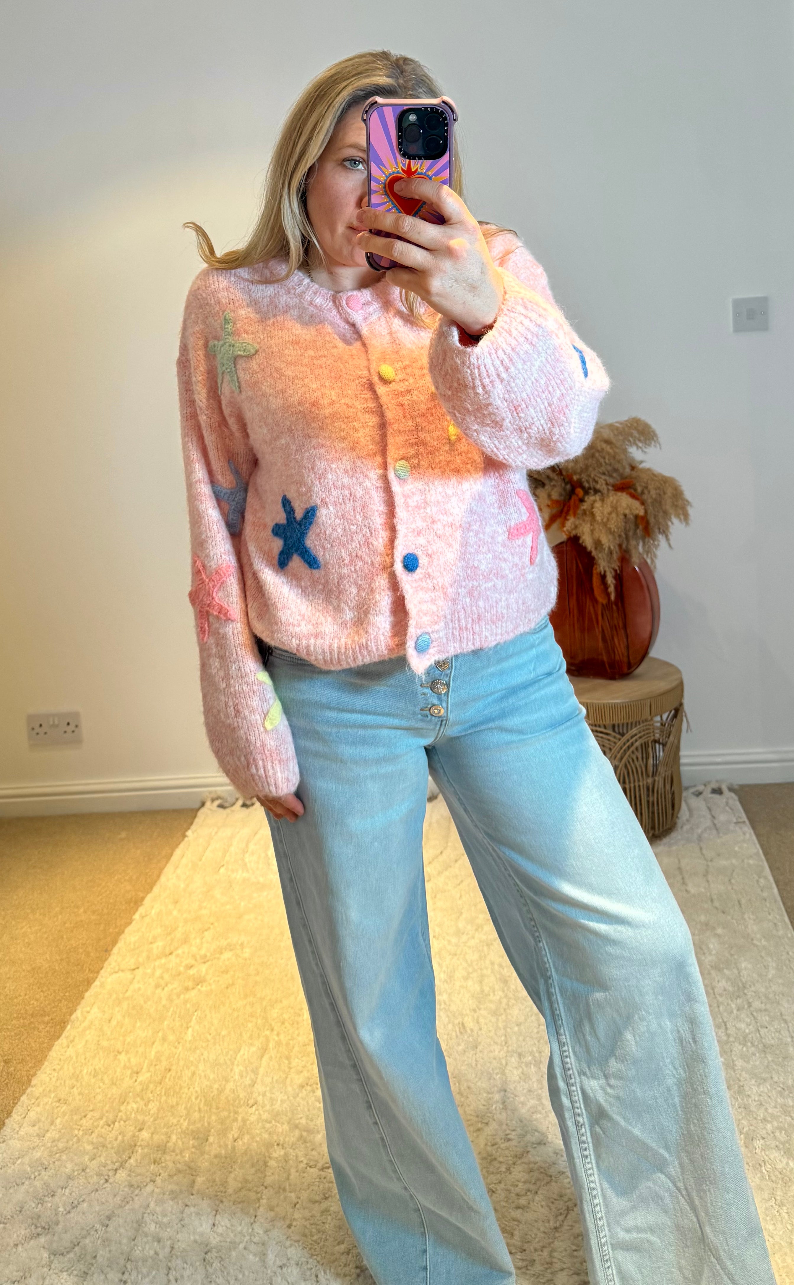 Starfish Design Round Neck Cardigan | Dusky Pink