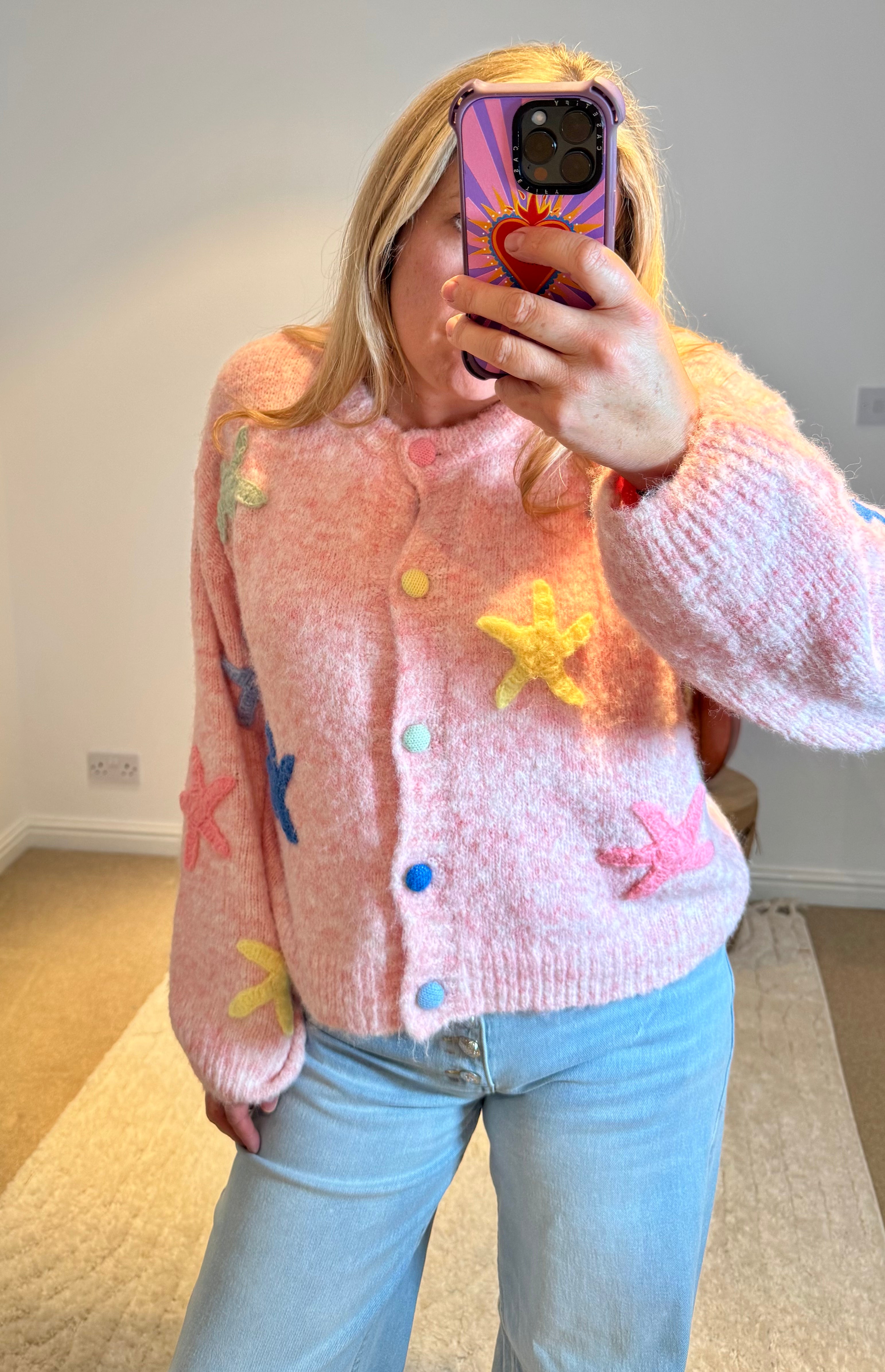 Starfish Design Round Neck Cardigan | Dusky Pink