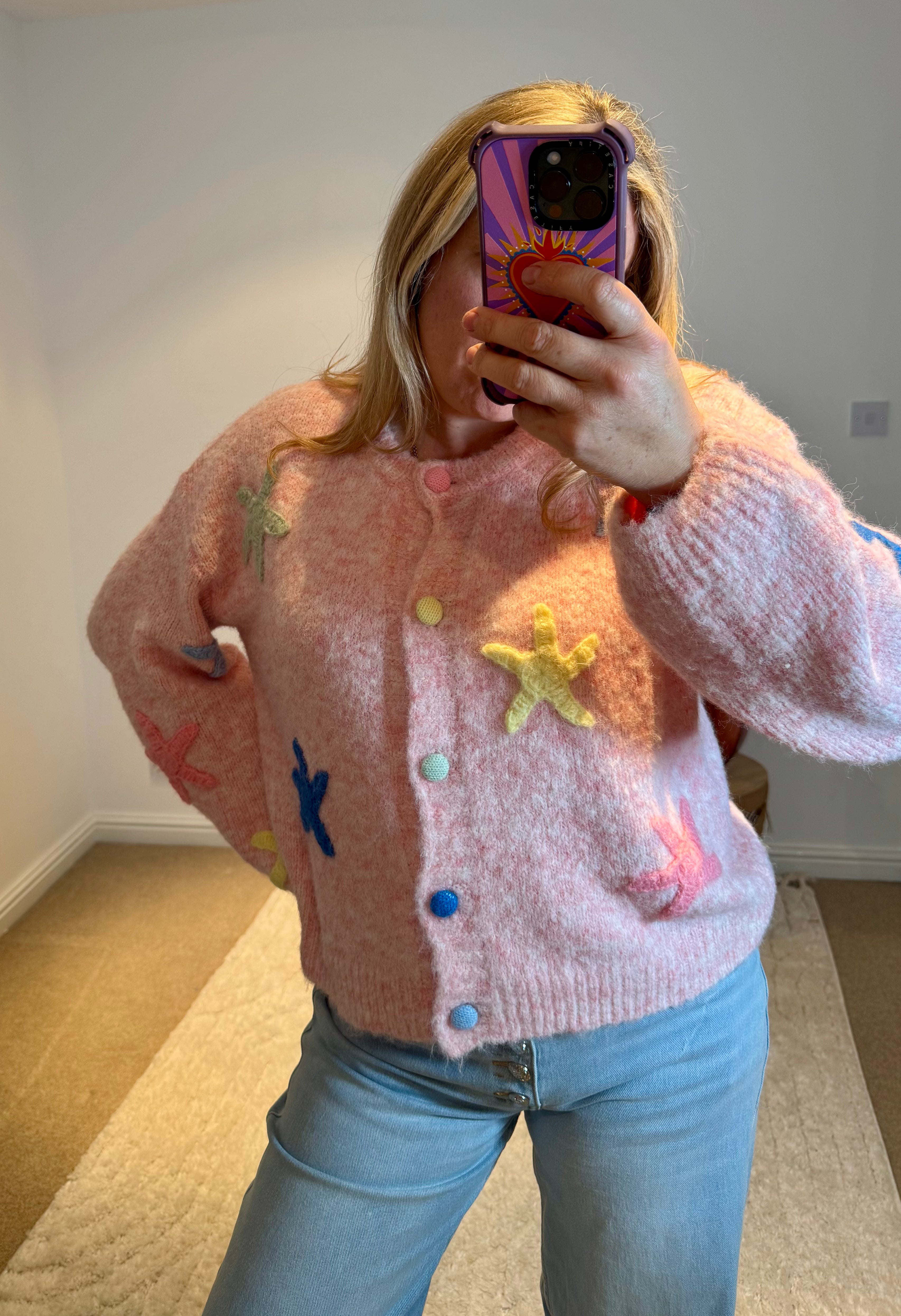 Starfish Design Round Neck Cardigan | Dusky Pink