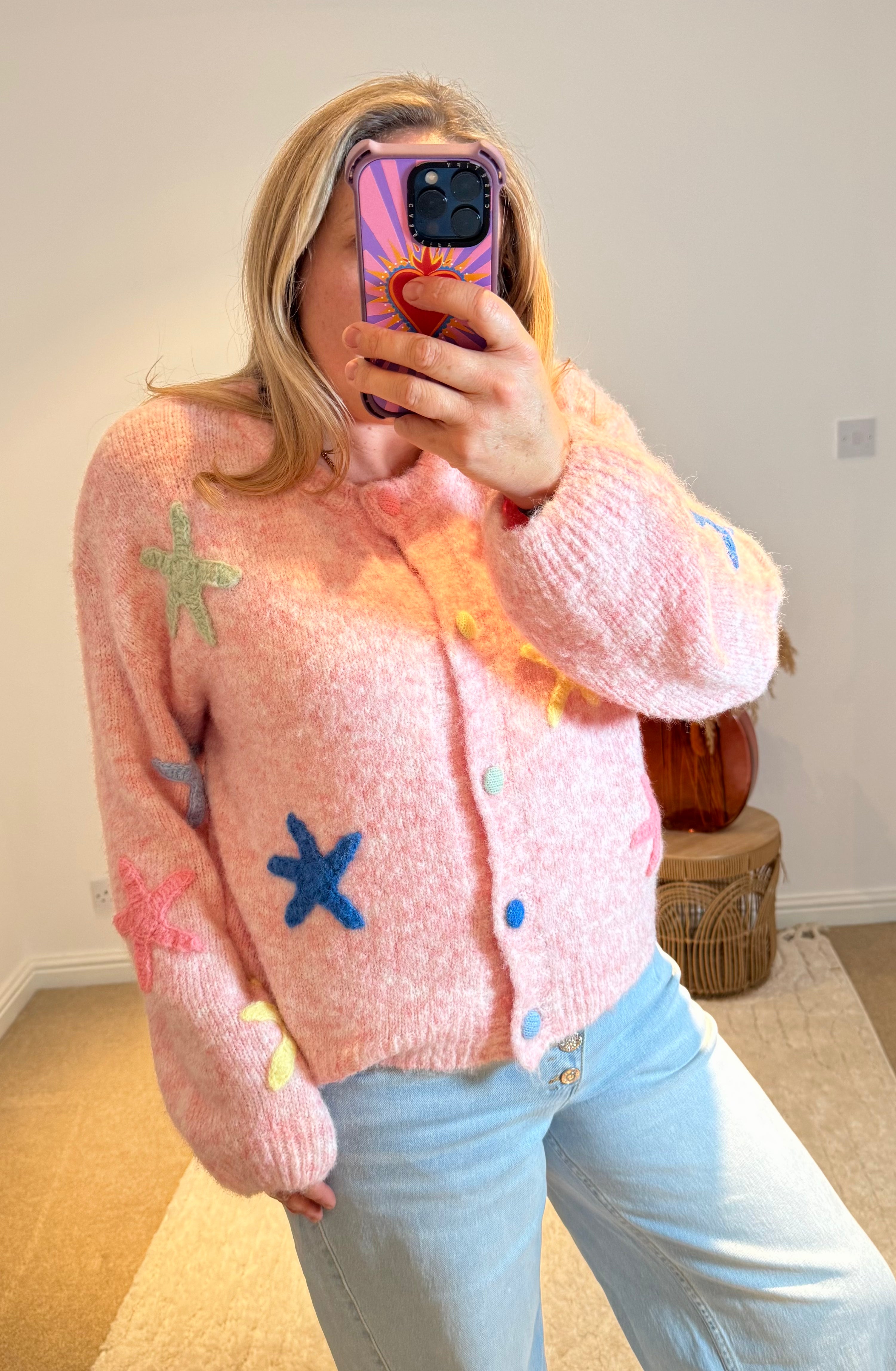 Starfish Design Round Neck Cardigan | Dusky Pink