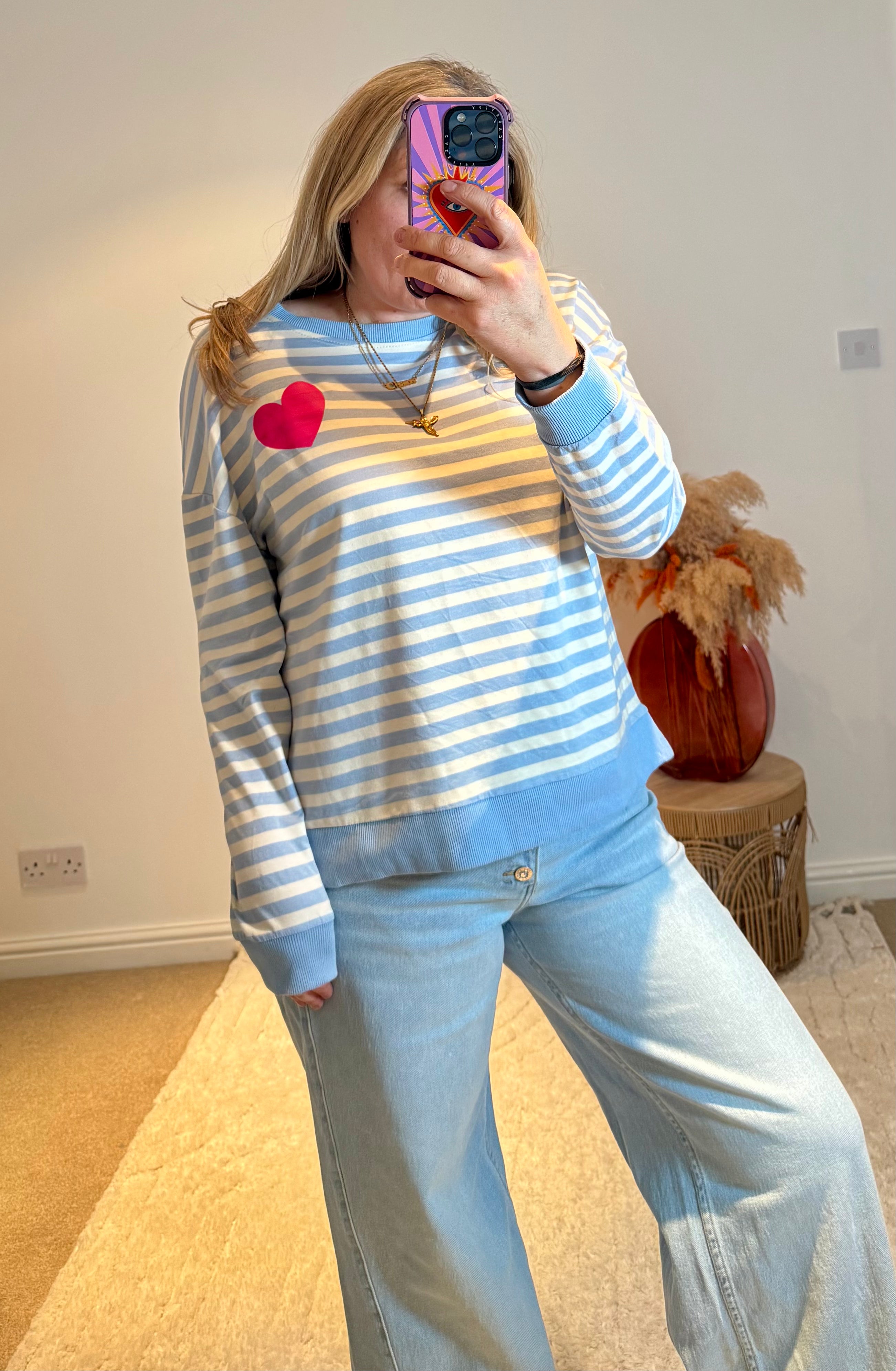 Heart Detail Stripe Sweatshirt | Light Blue/White