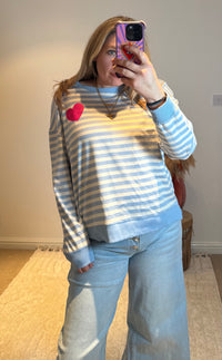 Heart Detail Stripe Sweatshirt | Light Blue/White