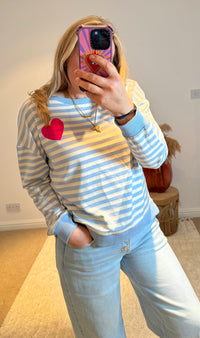 Heart Detail Stripe Sweatshirt | Light Blue/White