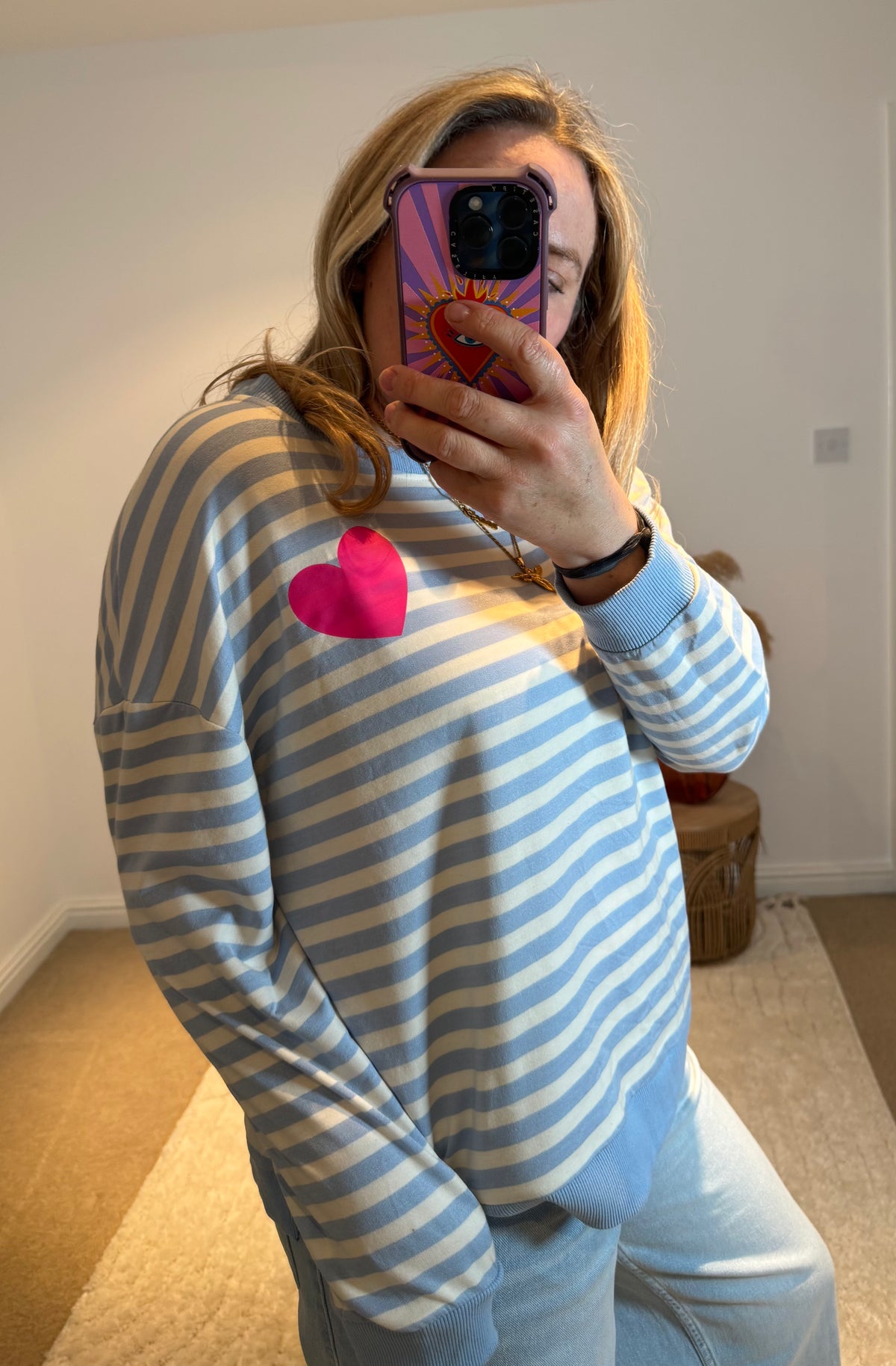 Heart Detail Stripe Sweatshirt | Light Blue/White