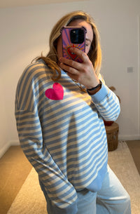 Heart Detail Stripe Sweatshirt | Light Blue/White