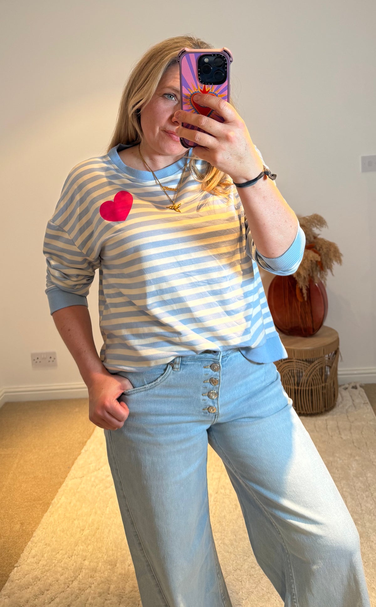 Heart Detail Stripe Sweatshirt | Light Blue/White