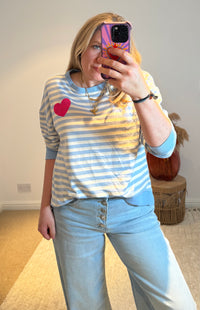 Heart Detail Stripe Sweatshirt | Light Blue/White