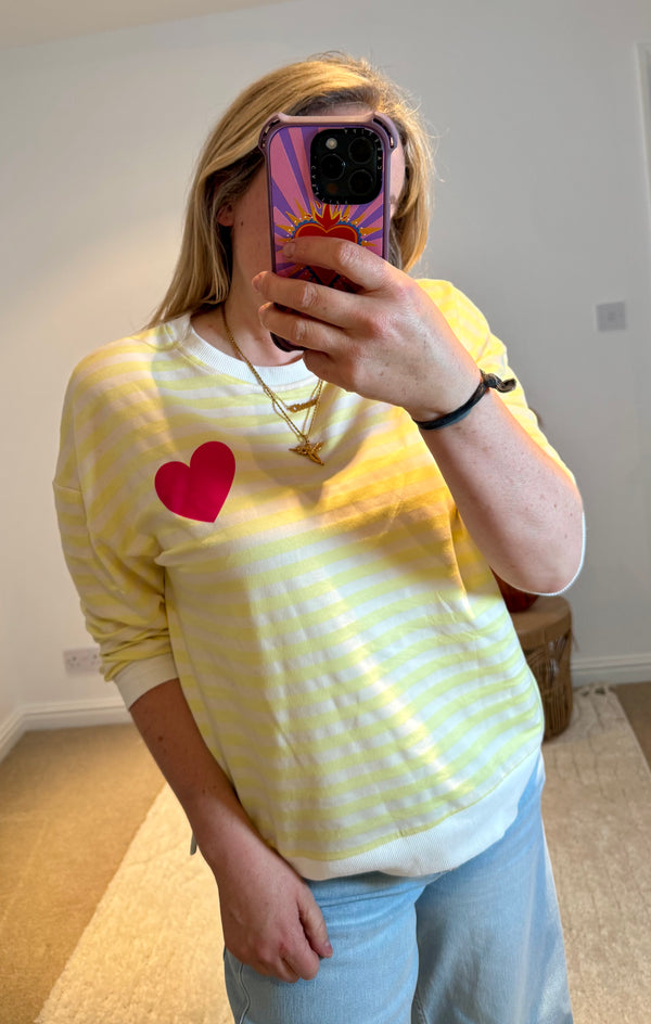 Heart Detail Stripe Sweatshirt | Yellow/White