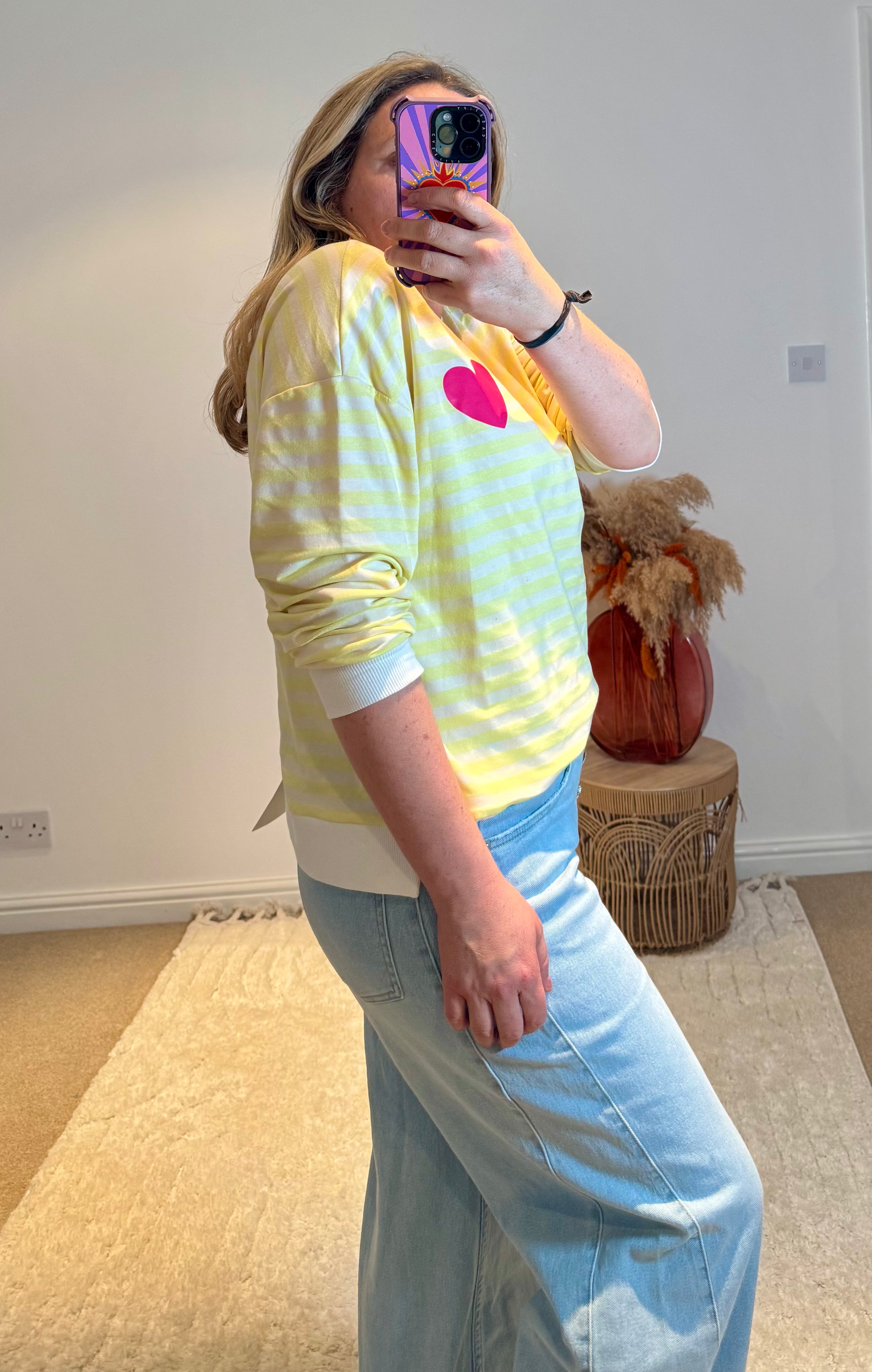 Heart Detail Stripe Sweatshirt | Yellow/White