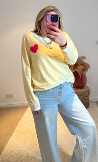 Heart Detail Stripe Sweatshirt | Yellow/White