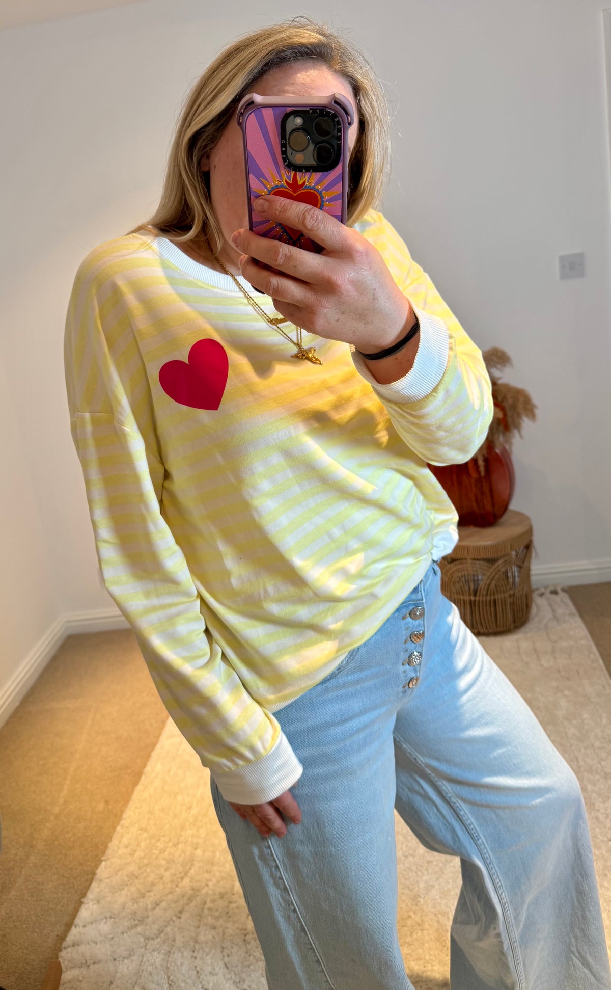 Heart Detail Stripe Sweatshirt | Yellow/White