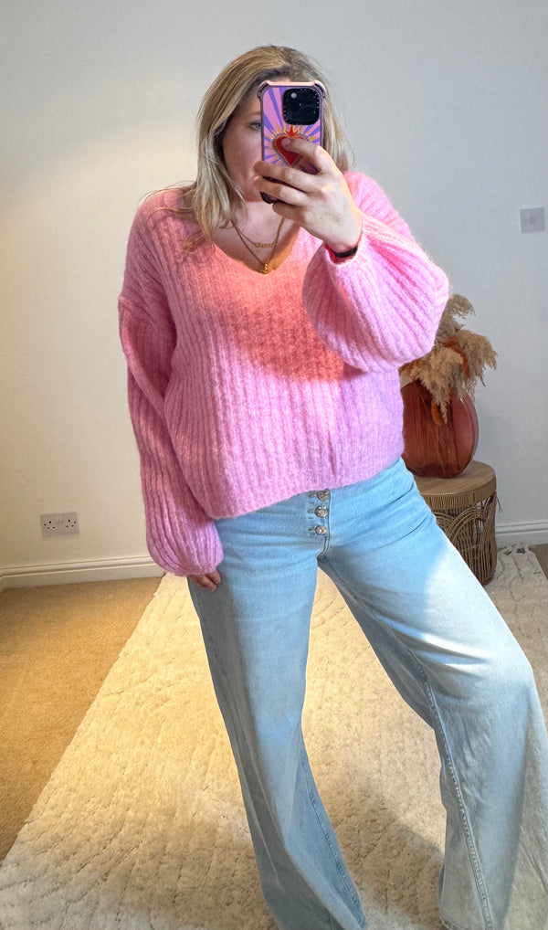 V-Neck Ribbed Wide Sleeve Jumper | Pink