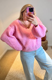 V-Neck Ribbed Wide Sleeve Jumper | Pink