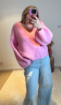V-Neck Ribbed Wide Sleeve Jumper | Pink