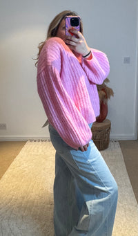V-Neck Ribbed Wide Sleeve Jumper | Pink