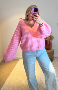 V-Neck Ribbed Wide Sleeve Jumper | Pink