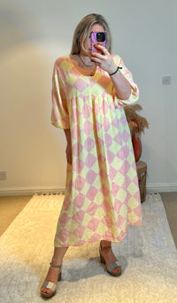 Checked Cheesecloth Long Smock Dress | Lemon/Pale Pink