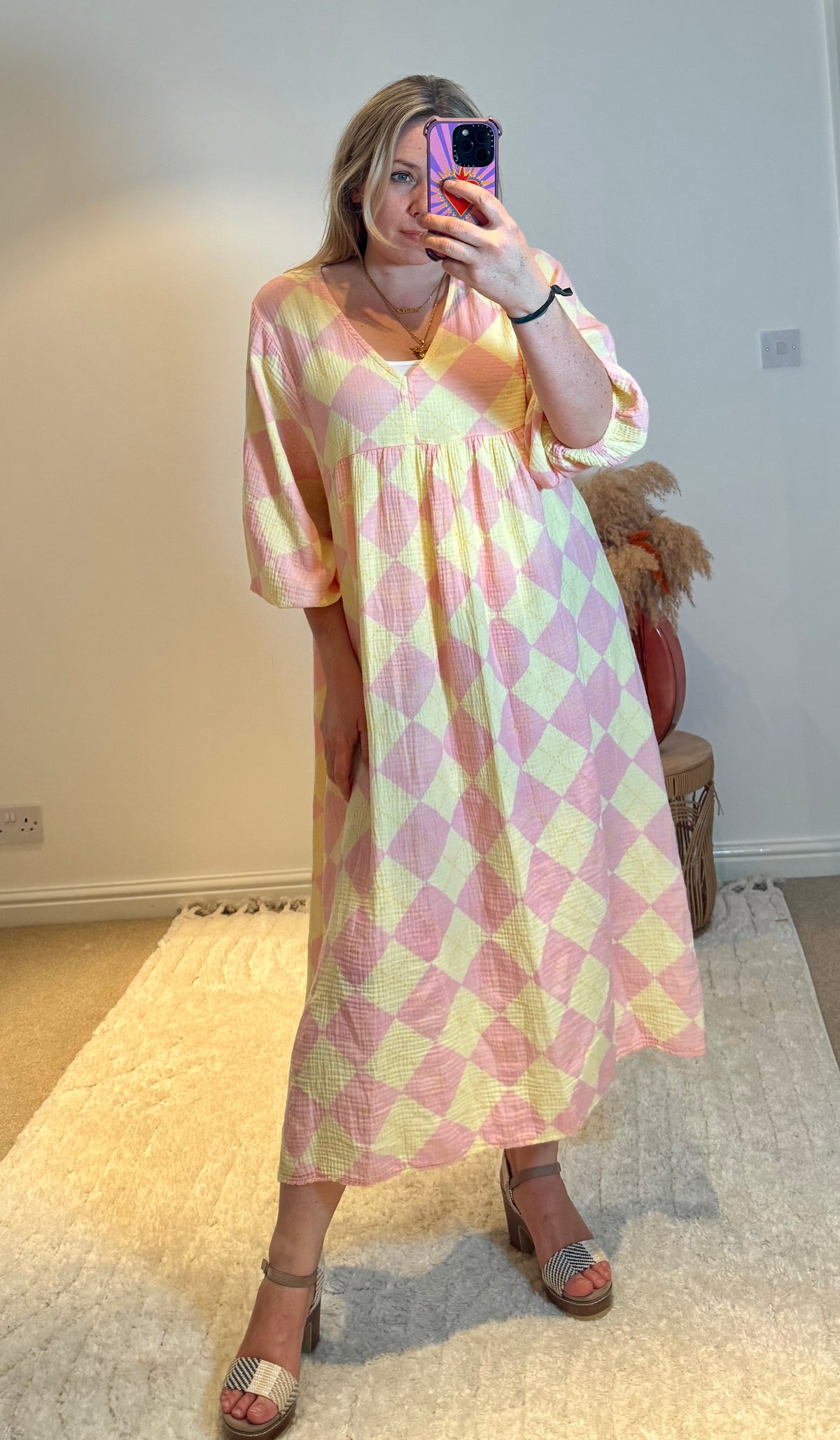 Checked Cheesecloth Long Smock Dress | Lemon/Pale Pink