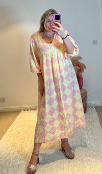 Checked Cheesecloth Long Smock Dress | Lemon/Pale Pink