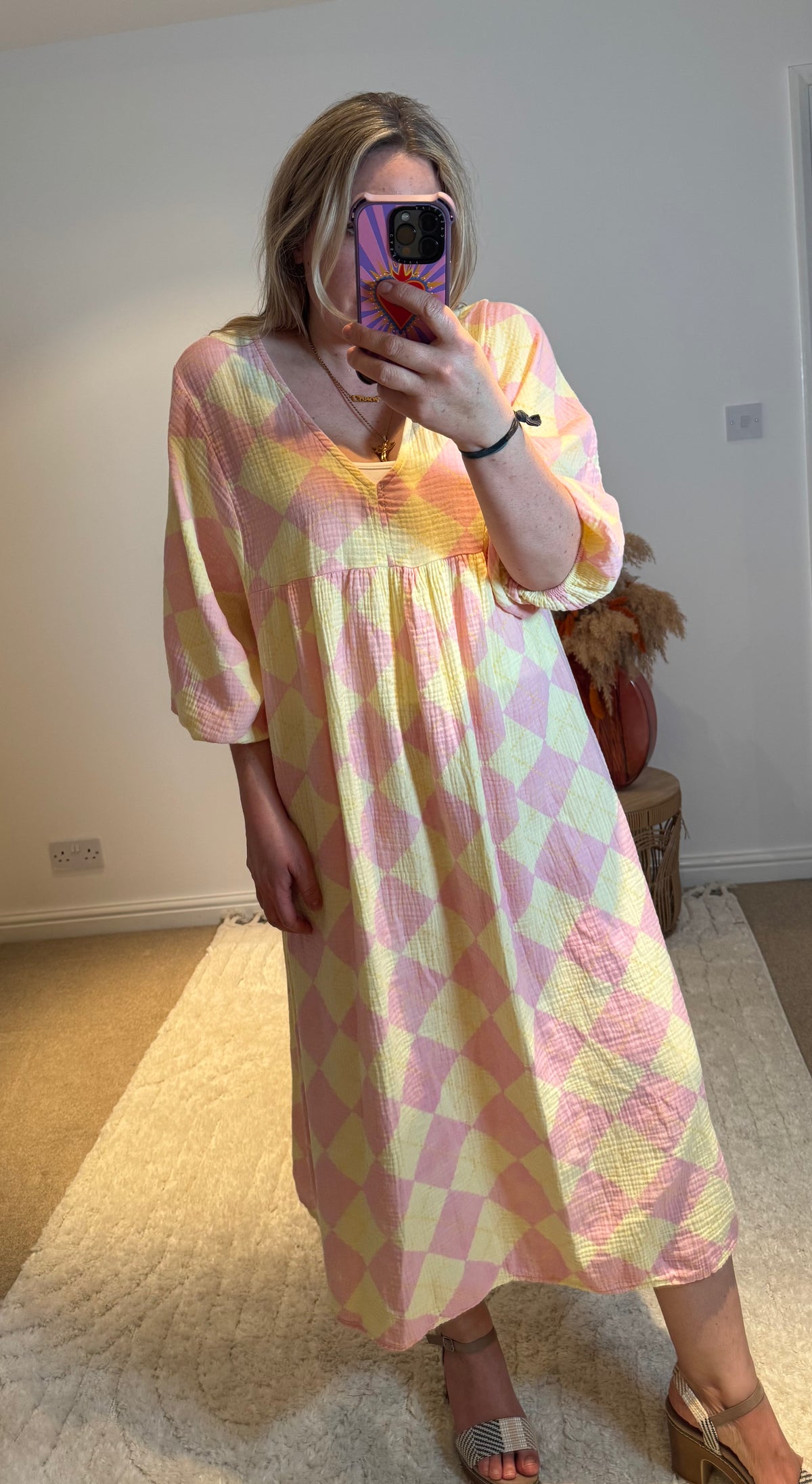 Checked Cheesecloth Long Smock Dress | Lemon/Pale Pink