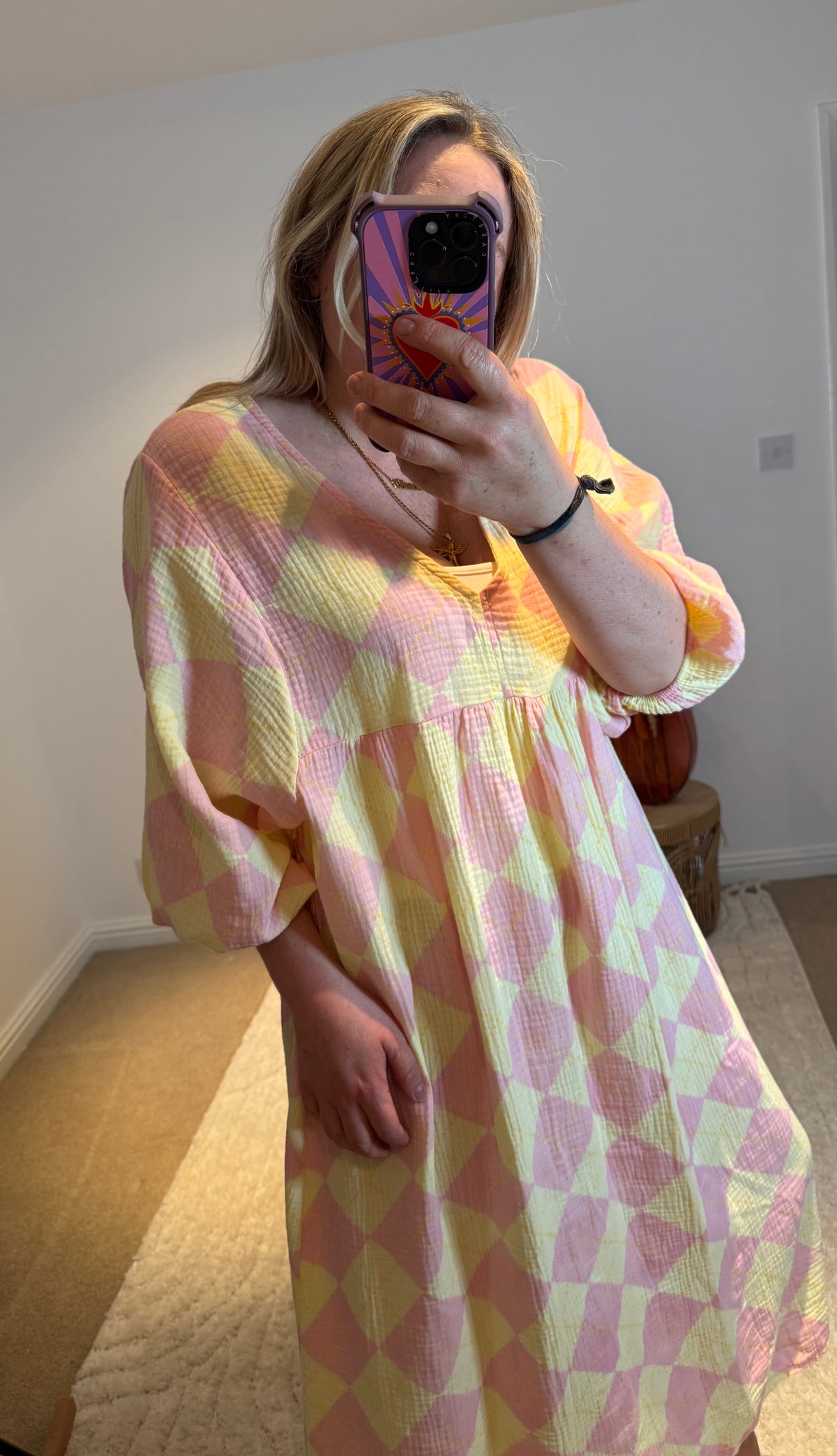 Checked Cheesecloth Long Smock Dress | Lemon/Pale Pink