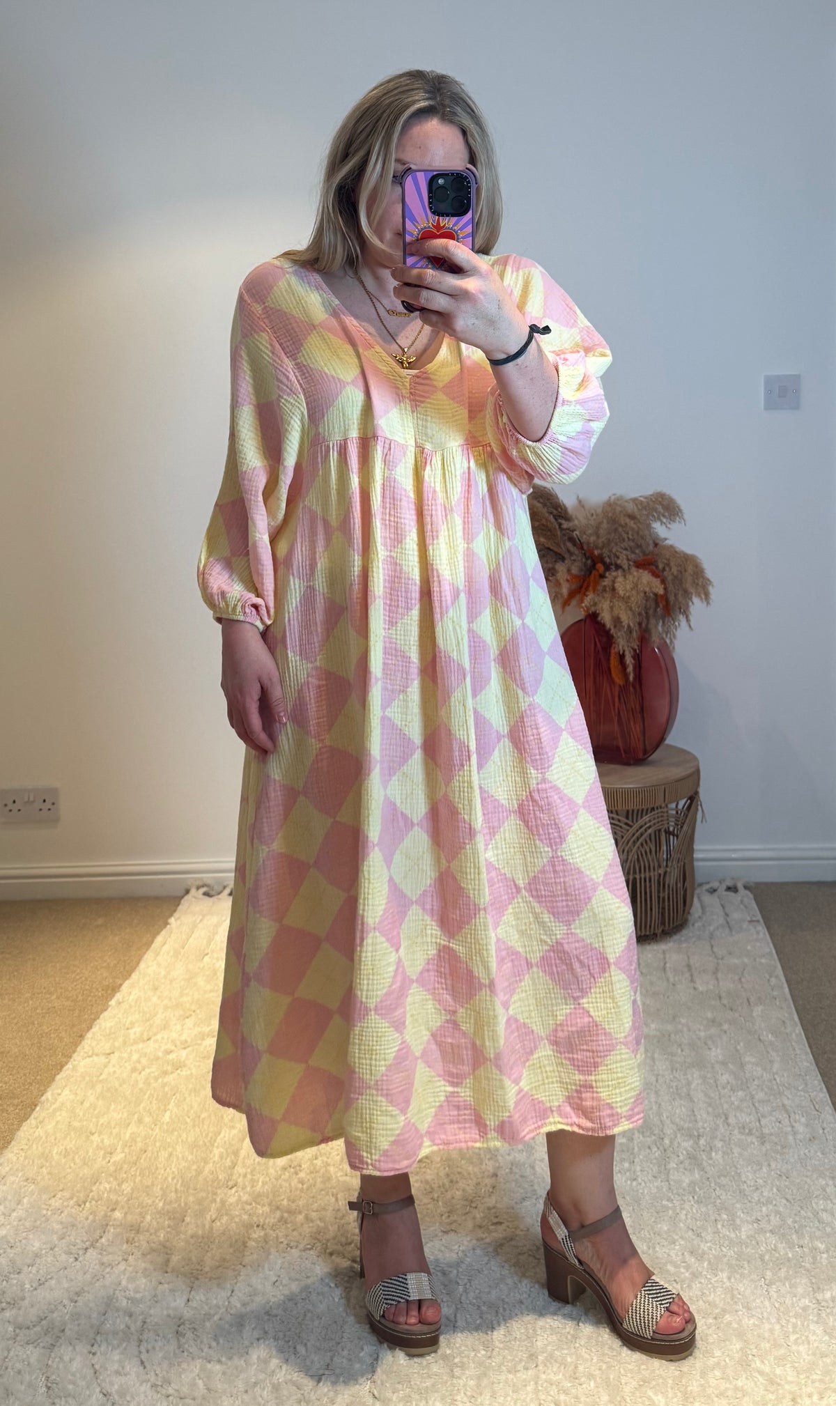 Checked Cheesecloth Long Smock Dress | Lemon/Pale Pink