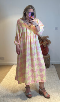 Checked Cheesecloth Long Smock Dress | Lemon/Pale Pink