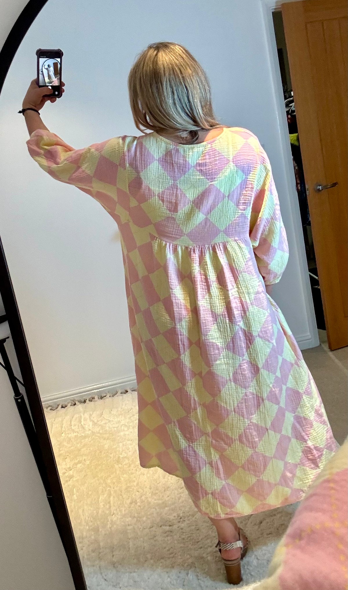 Checked Cheesecloth Long Smock Dress | Lemon/Pale Pink