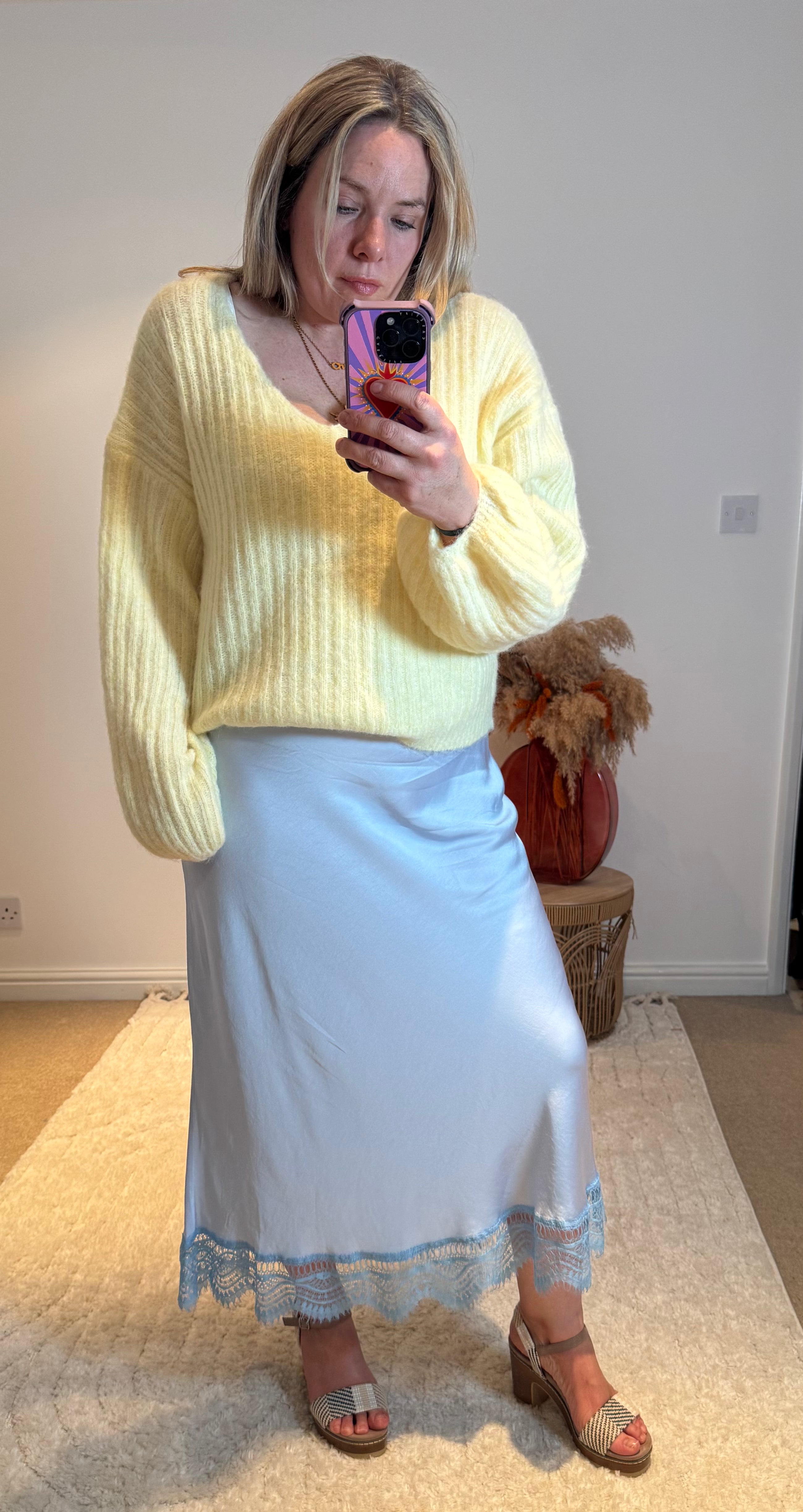 Aurora Satin Skirt with Lace Trim | Pale Blue