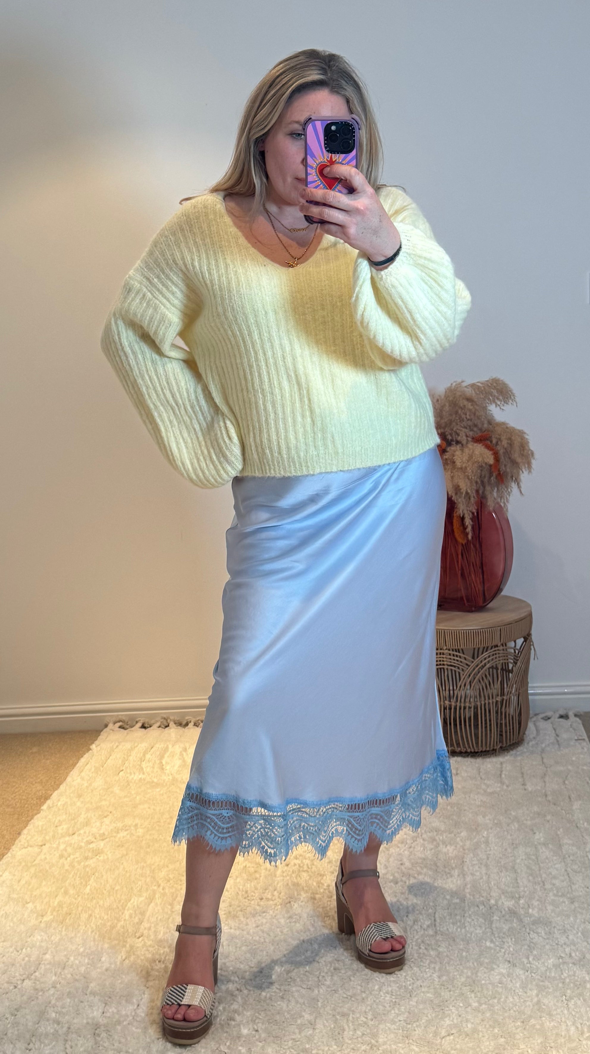 Aurora Satin Skirt with Lace Trim | Pale Blue