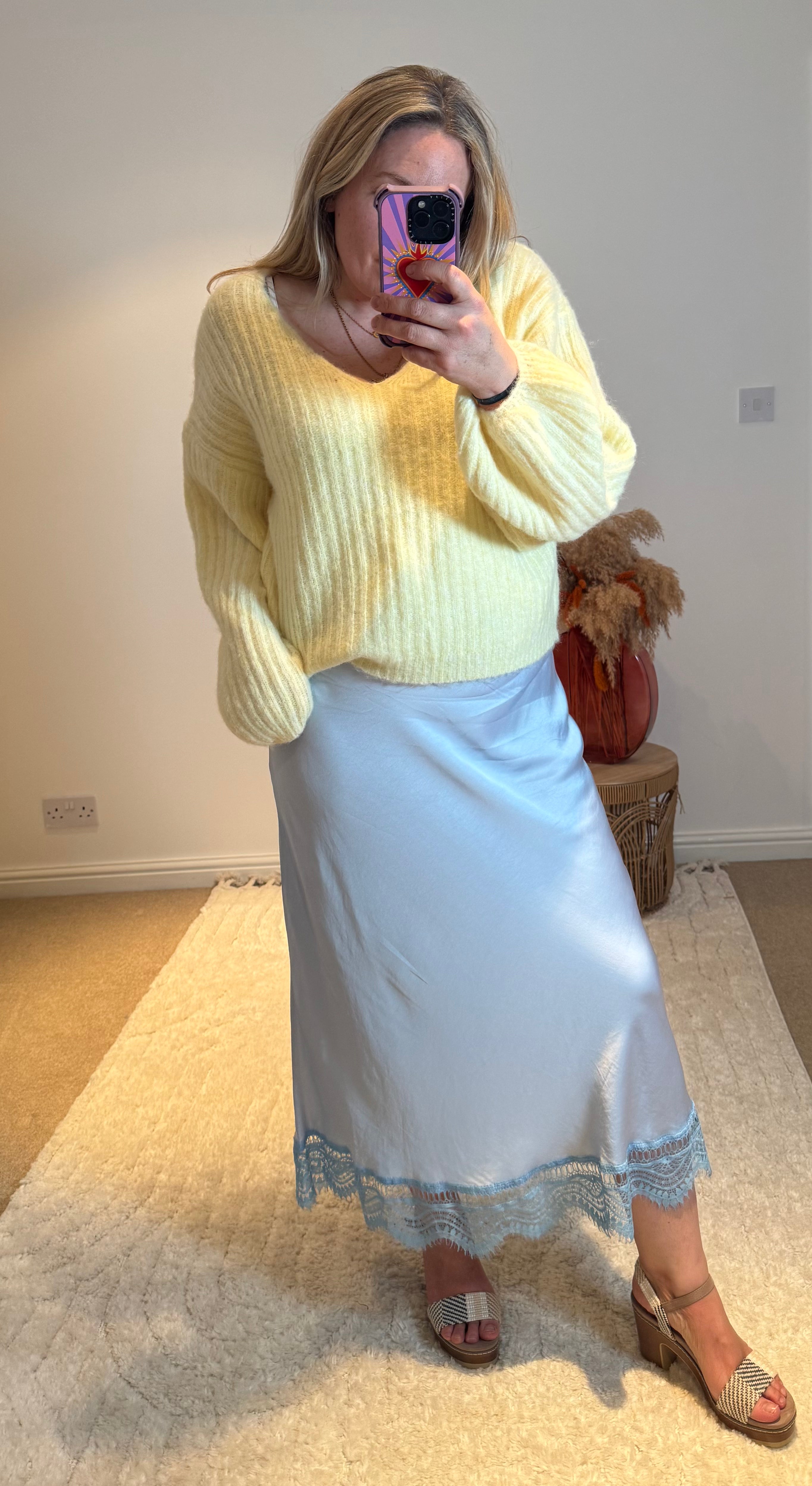 Aurora Satin Skirt with Lace Trim | Pale Blue