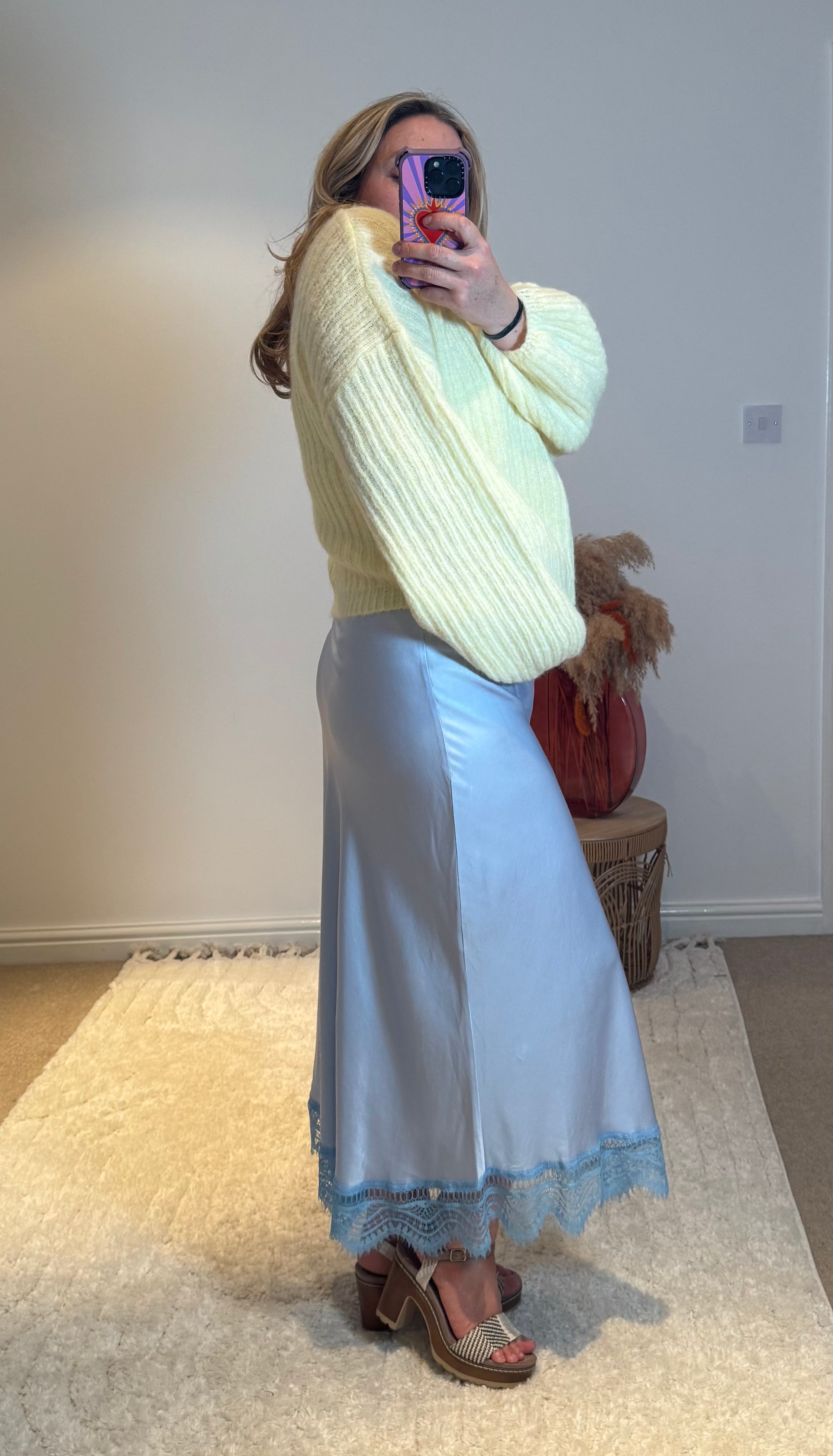 Aurora Satin Skirt with Lace Trim | Pale Blue