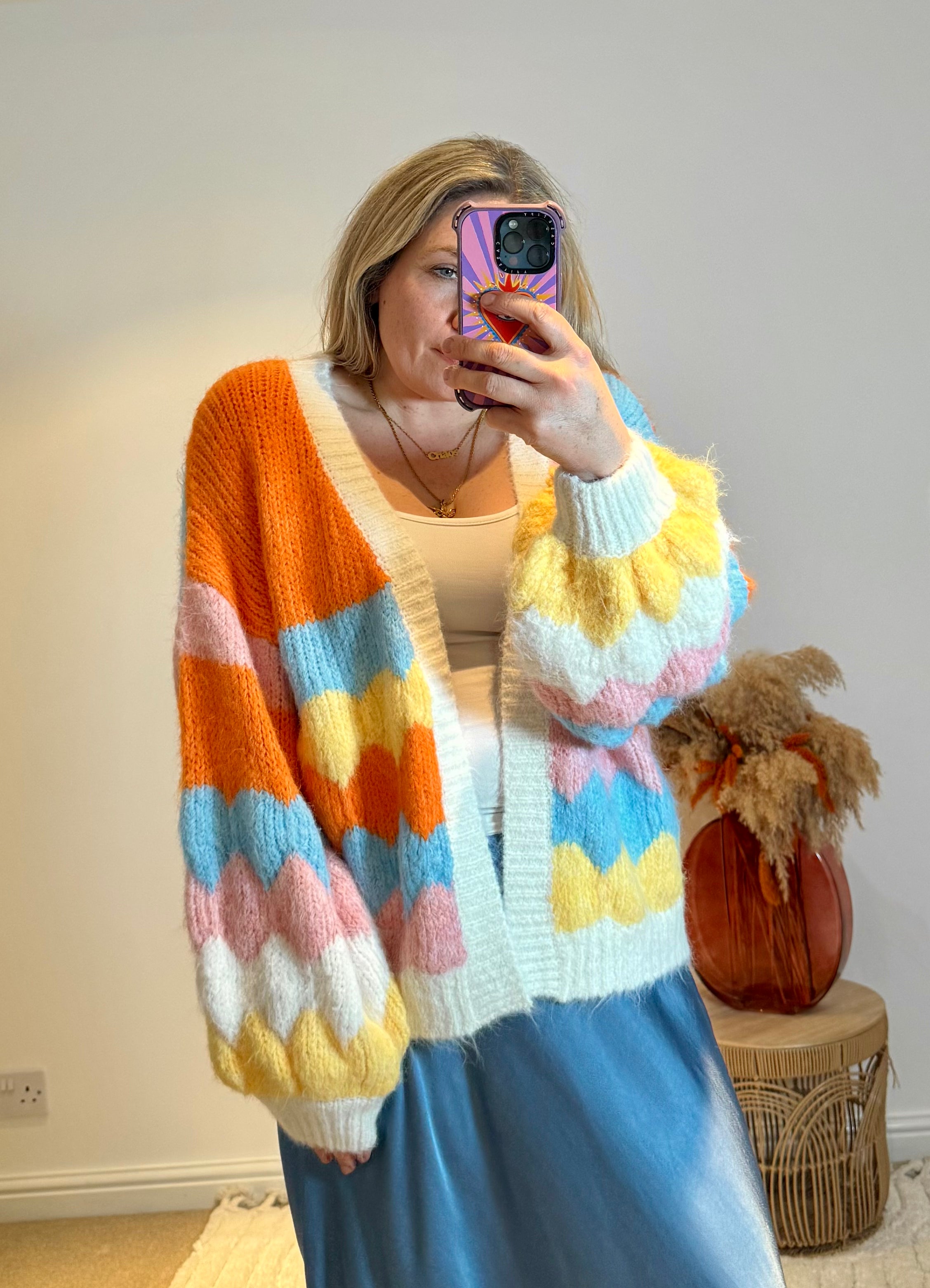 Retro Stripe Knit Balloon Sleeve Cardigan | Multi