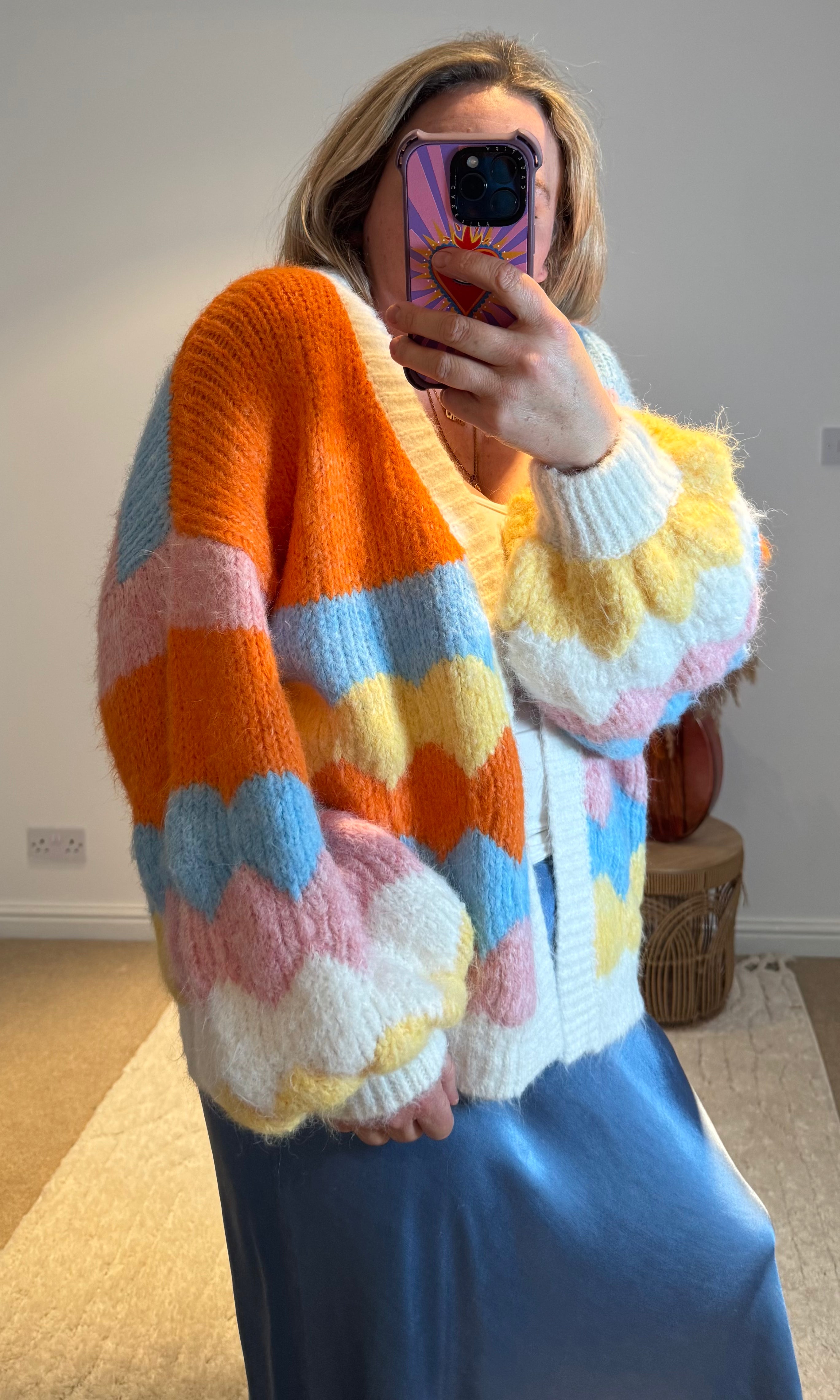 Retro Stripe Knit Balloon Sleeve Cardigan | Multi