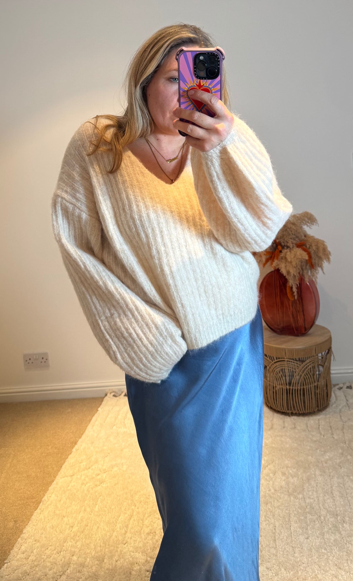 V-Neck Ribbed Wide Sleeve Jumper | Cream