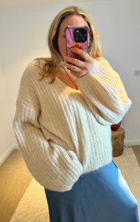 V-Neck Ribbed Wide Sleeve Jumper | Cream