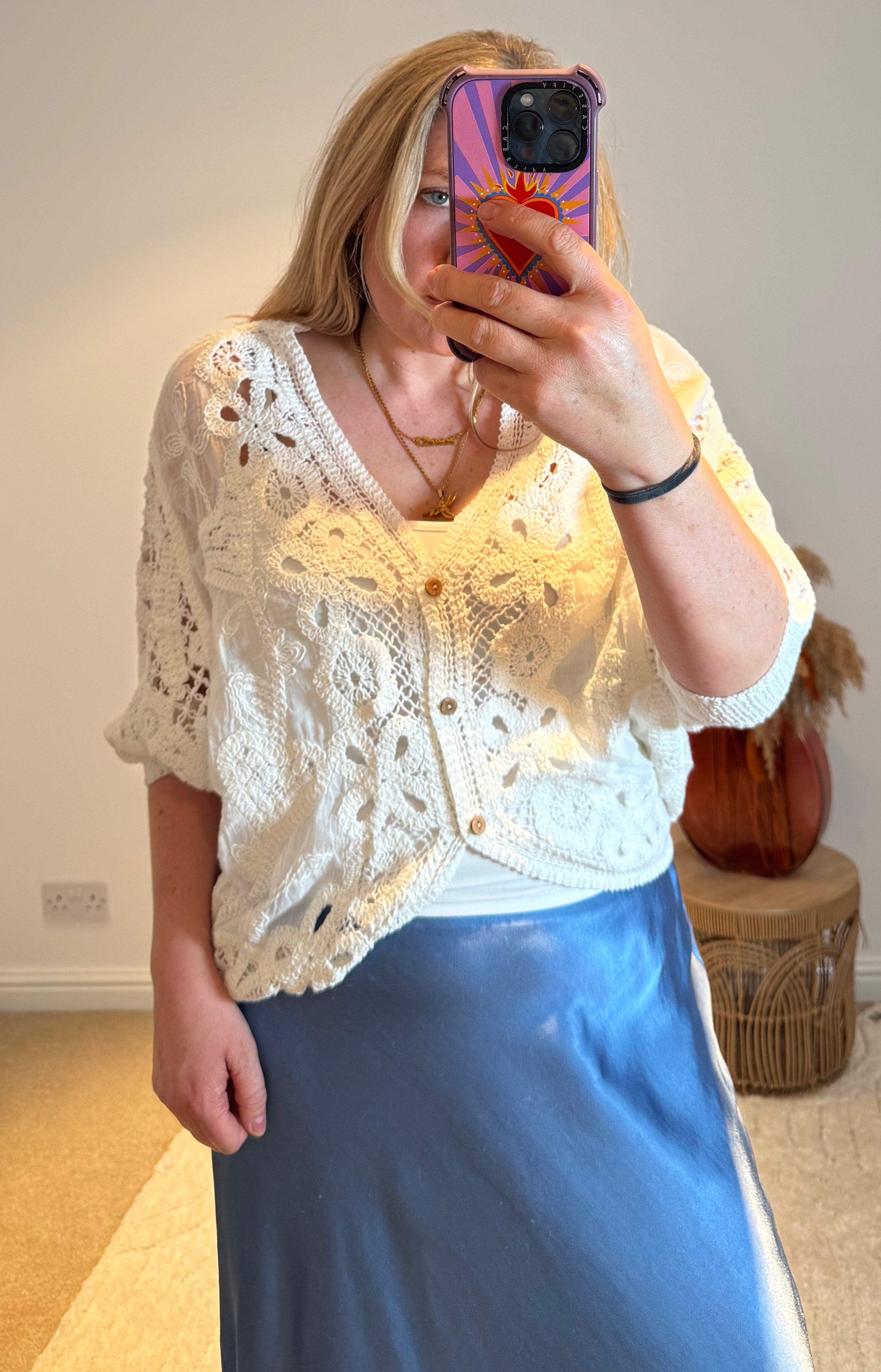 Crochet Batwing Sleeve Cardigan | White