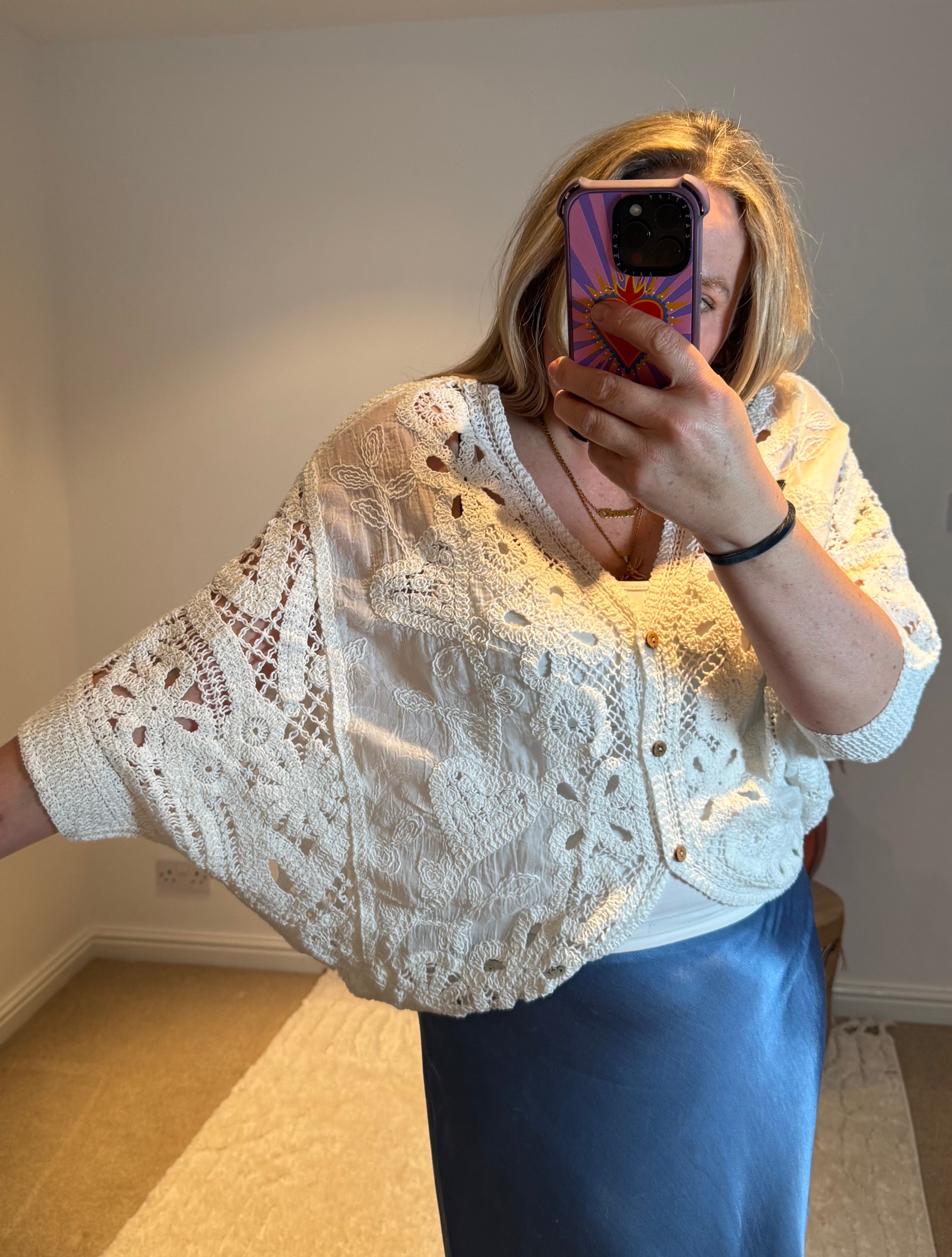 Crochet Batwing Sleeve Cardigan | White