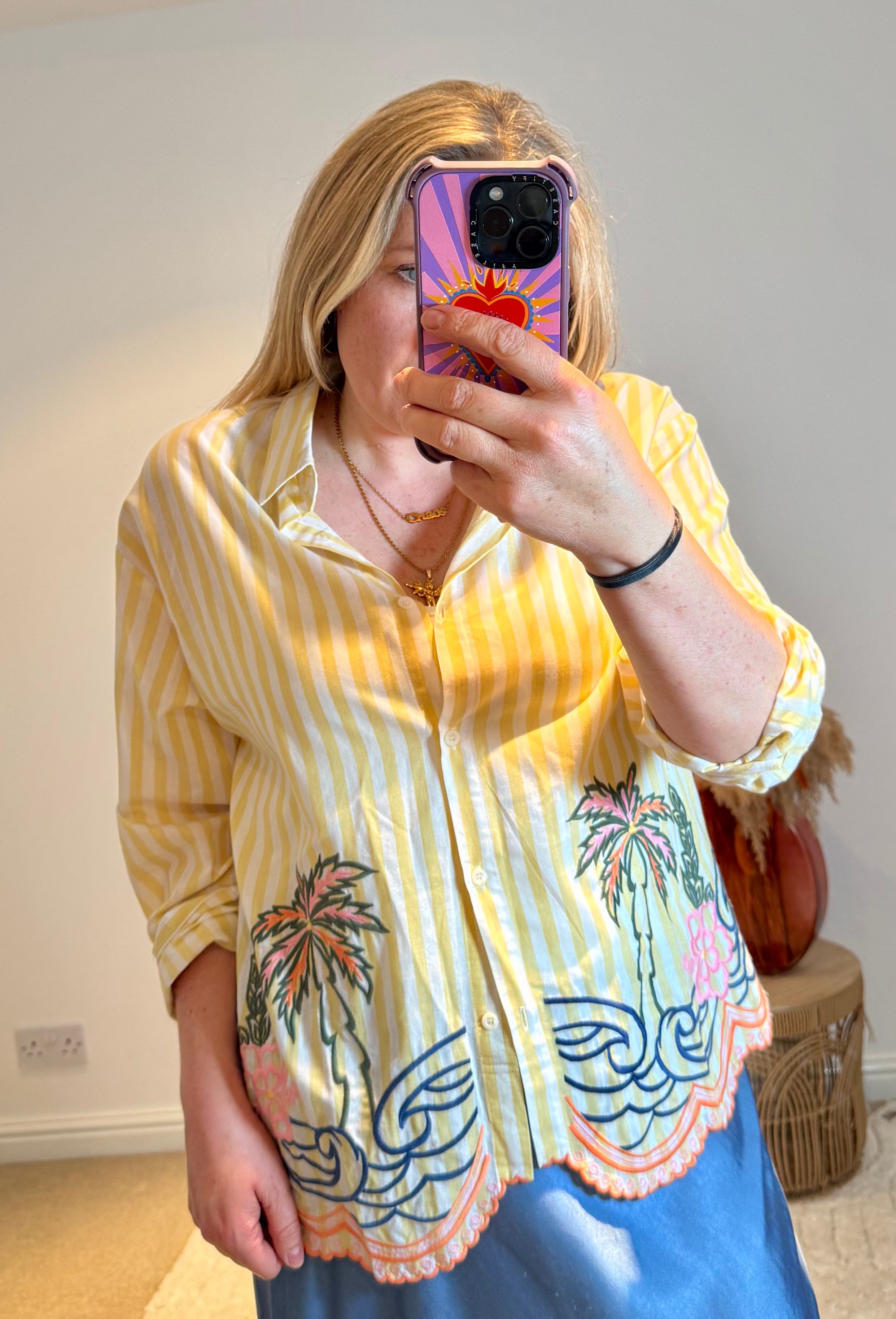 Embroidered Stripe Scalloped Hem Shirt | Yellow