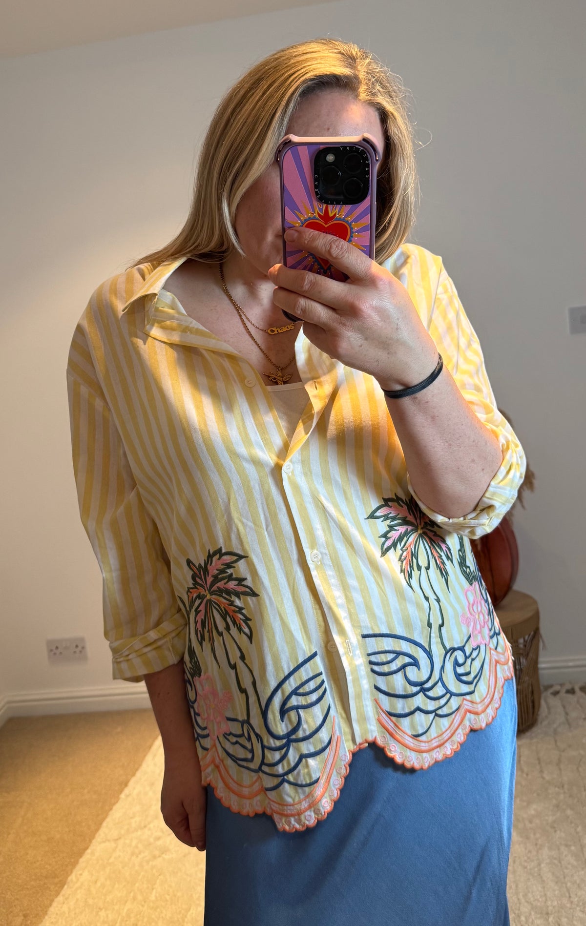 Embroidered Stripe Scalloped Hem Shirt | Yellow