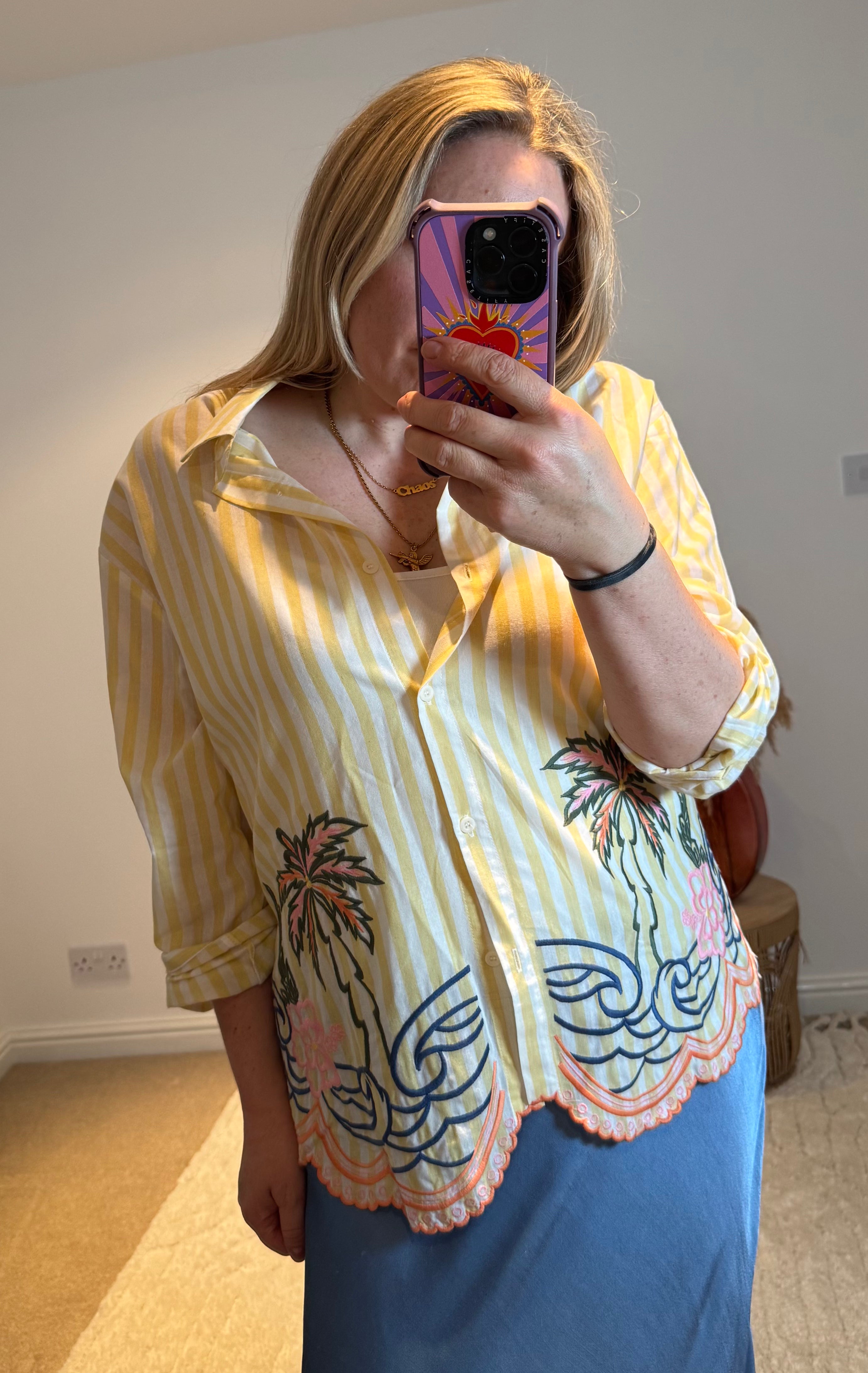 Embroidered Stripe Scalloped Hem Shirt | Yellow