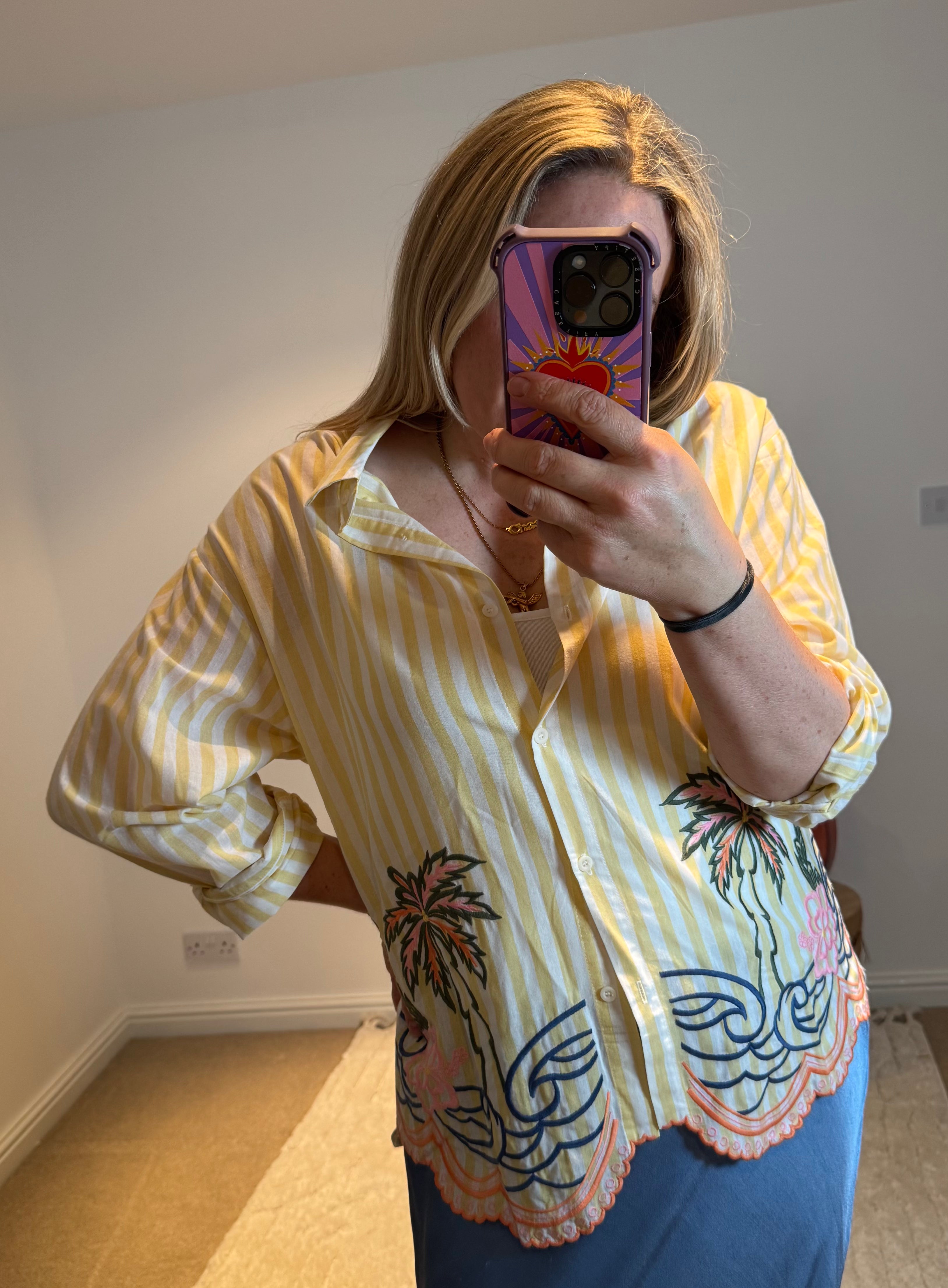 Embroidered Stripe Scalloped Hem Shirt | Yellow