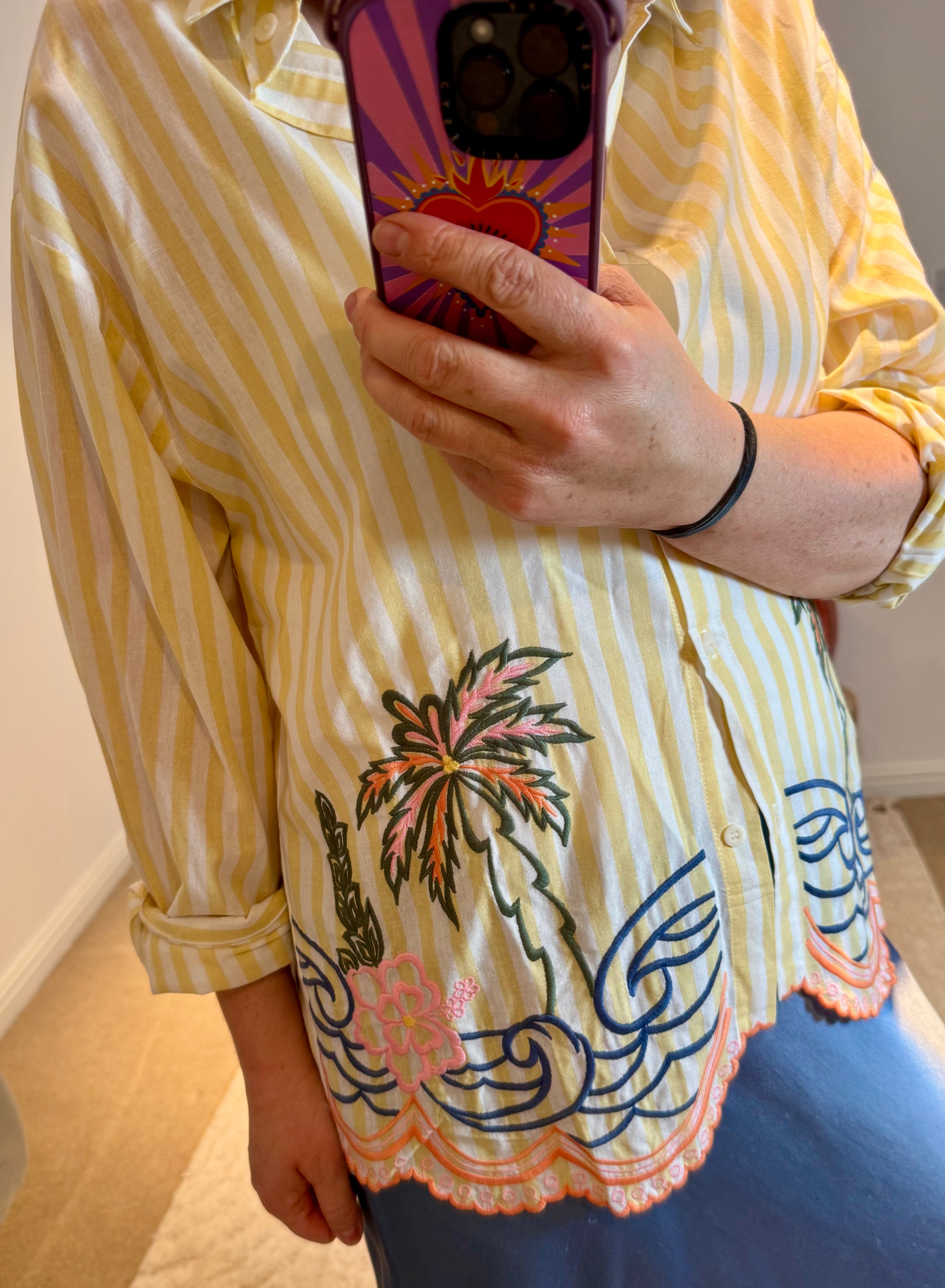 Embroidered Stripe Scalloped Hem Shirt | Yellow